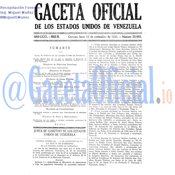 Gaceta Oficial 23692 del 26 Noviembre 1951