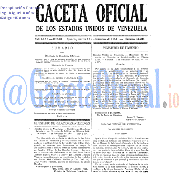 Gaceta Oficial 23705 del 11 Diciembre 1951