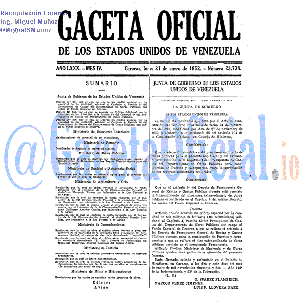 Gaceta Oficial 23738 del 21 Enero 1952