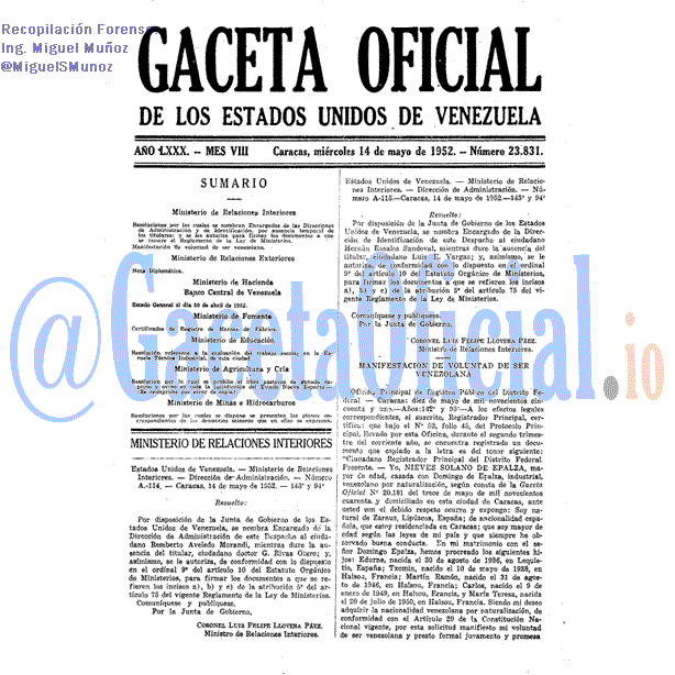 Gaceta Oficial 23831 del 14 Mayo 1952