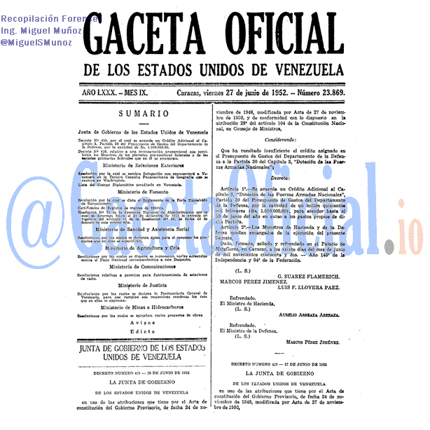 Gaceta Oficial 23869 del 27 Junio 1952
