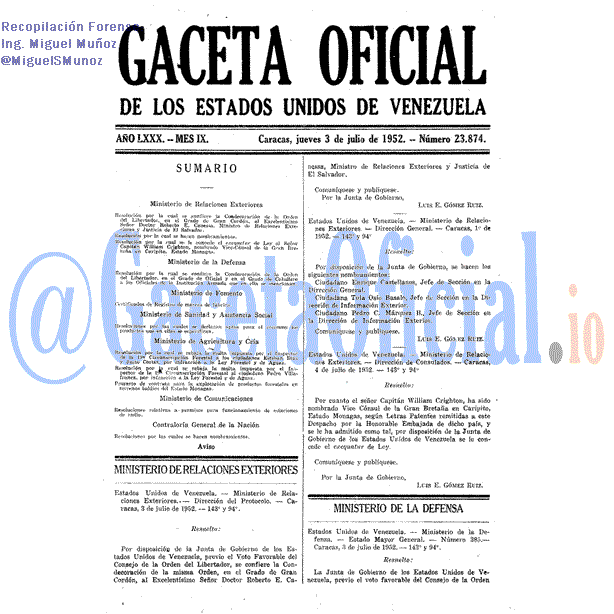 Gaceta Oficial 23874 del 3 Julio 1952