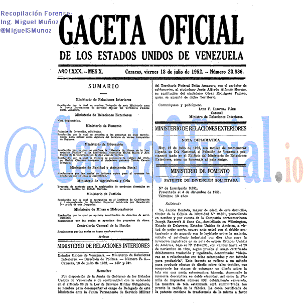 Gaceta Oficial 23886 del 18 Julio 1952