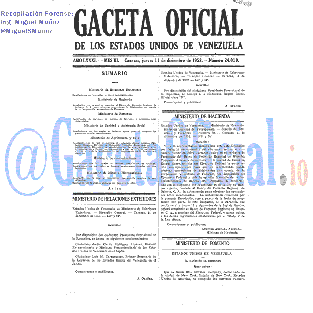 Gaceta Oficial 24010 del 11 Diciembre 1952