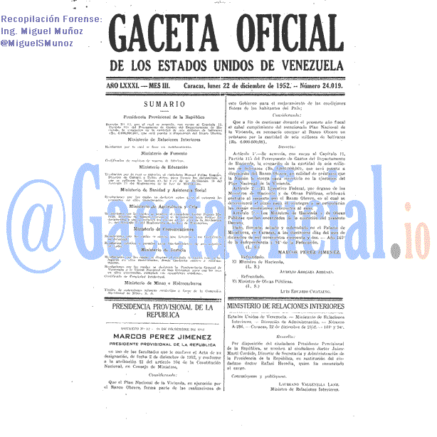 Gaceta Oficial 24019 del 22 Diciembre 1952