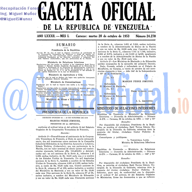 Gaceta Oficial 24270 del 20 Octubre 1953
