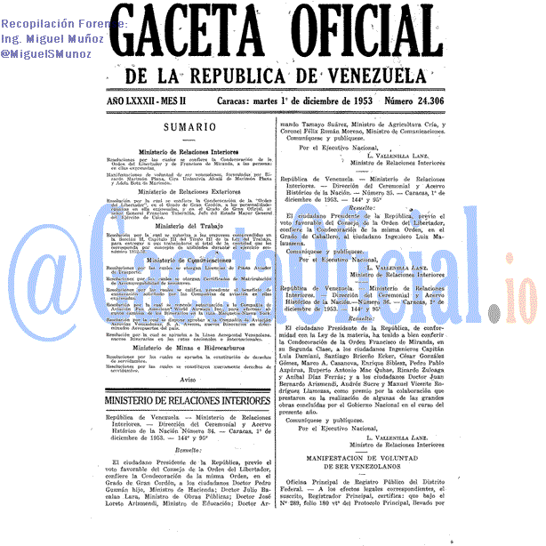 Gaceta Oficial 24306 del 1 Diciembre 1953