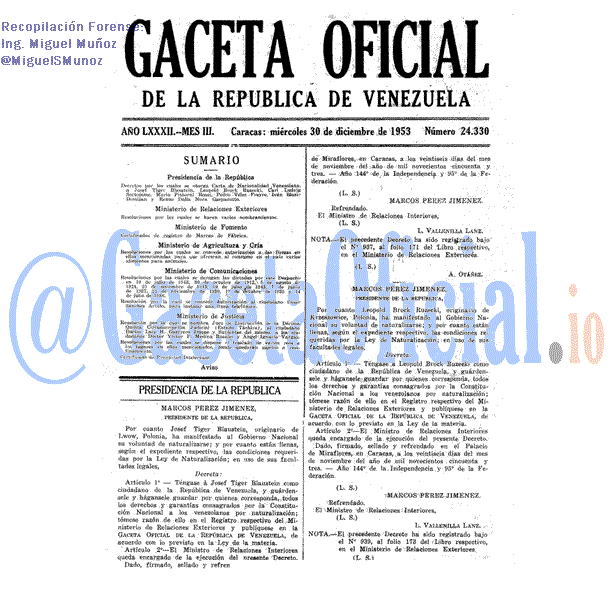 Gaceta Oficial 24330 del 30 Diciembre 1953