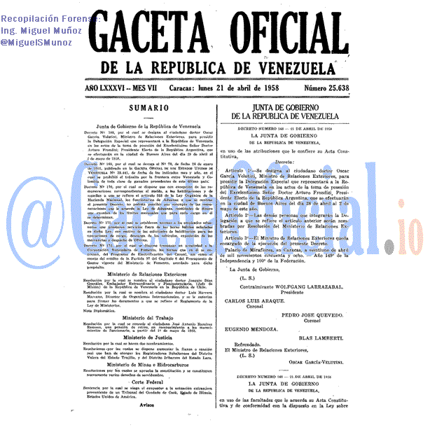 Gaceta Oficial 25638 del 21 Abril 1958