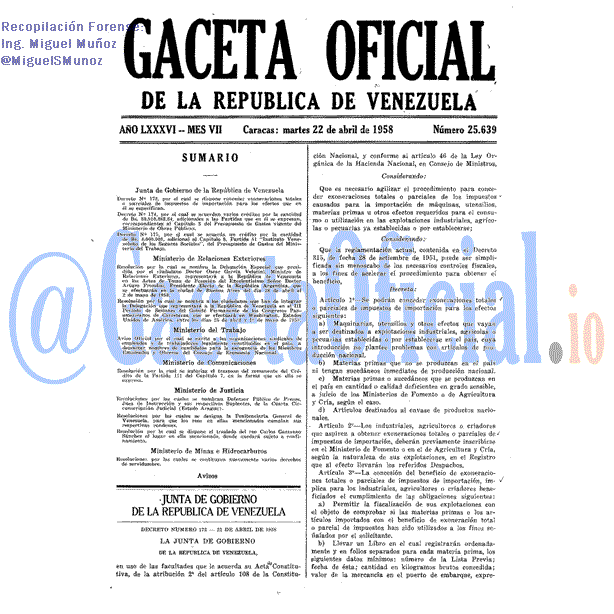 Gaceta Oficial 25639 del 22 Abril 1958