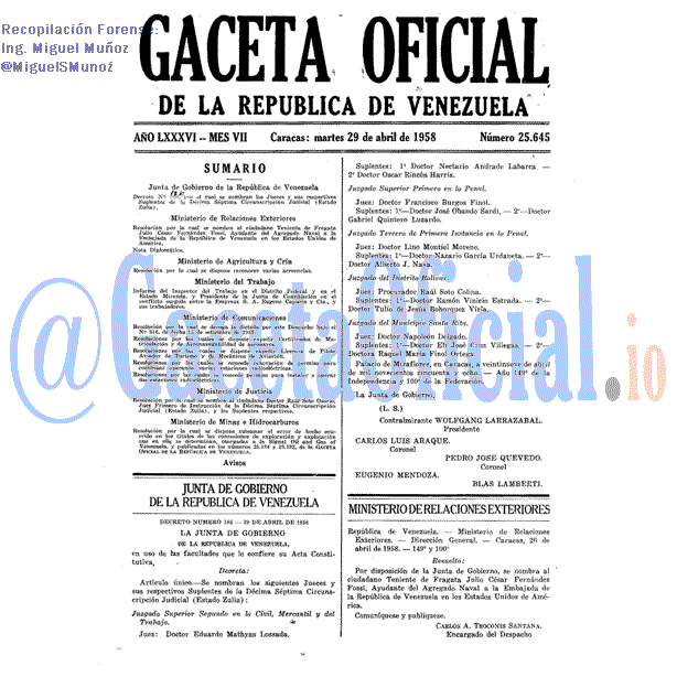 Gaceta Oficial 25645 del 29 Abril 1958