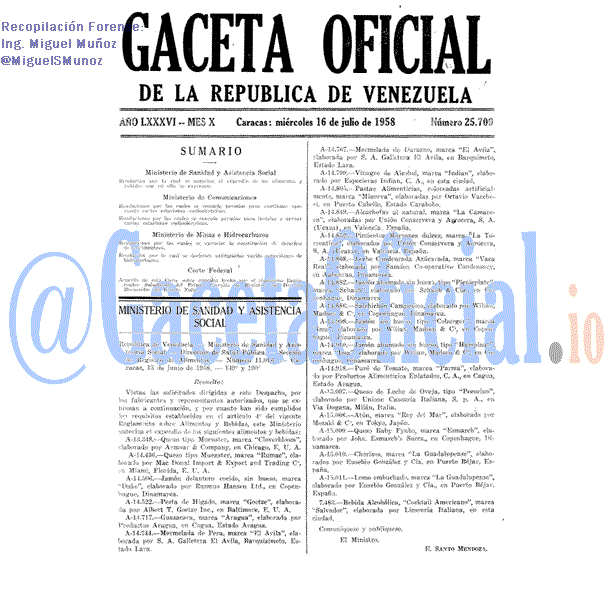 Gaceta Oficial 25709 del 16 Julio 1958