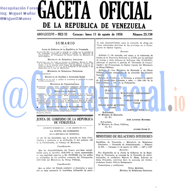 Gaceta Oficial 25730 del 11 Agosto 1958