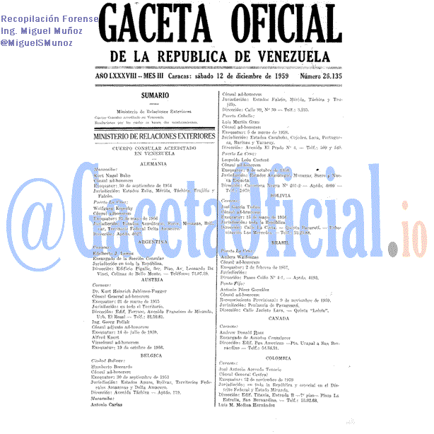 Gaceta Oficial 26135 del 12 Diciembre 1959