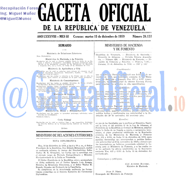 Gaceta Oficial 26137 del 15 Diciembre 1959