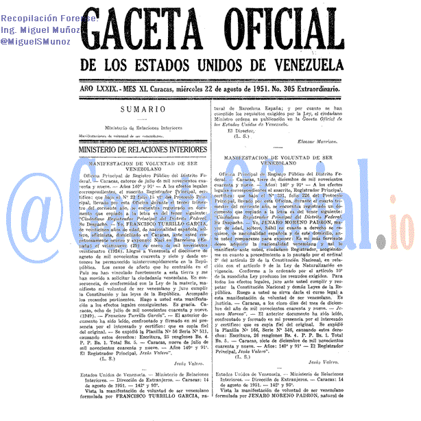 Gaceta Oficial 305 del 22 Agosto 1951