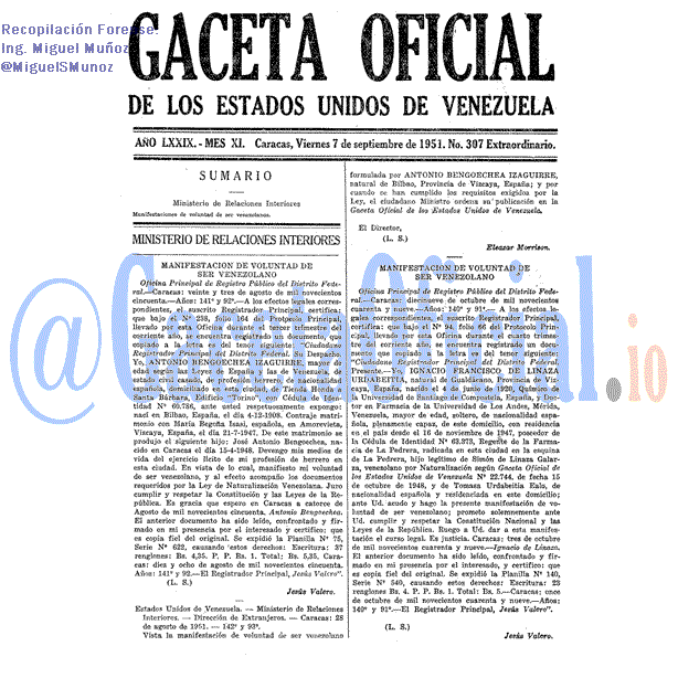Gaceta Oficial 307 del 7 Septiembre 1951