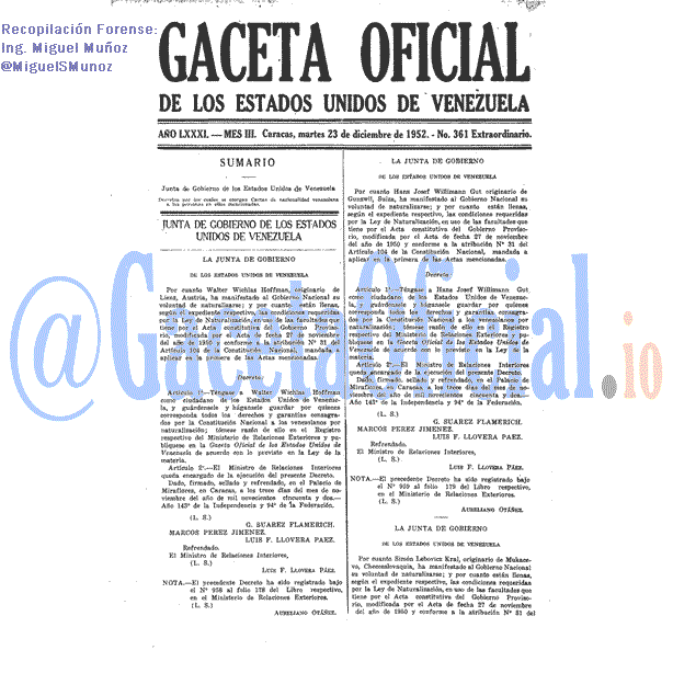 Gaceta Oficial 361 del 23 Diciembre 1952