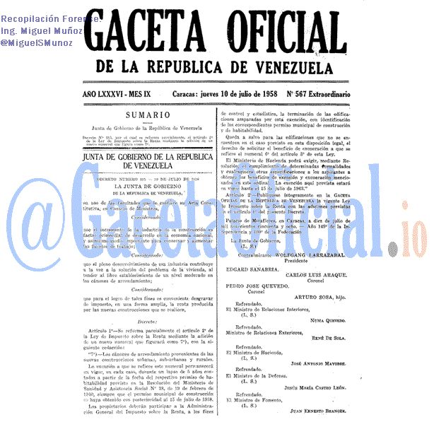 Gaceta Oficial 567 del 10 Julio 1958