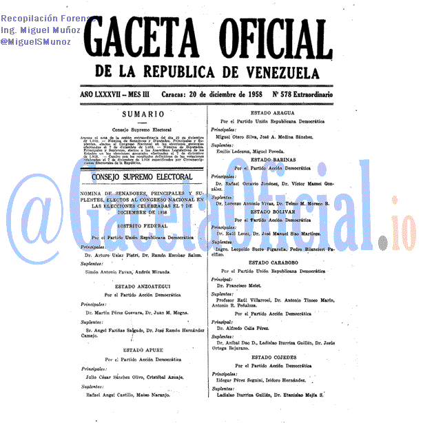 Gaceta Oficial 578 del 20 Diciembre 1958