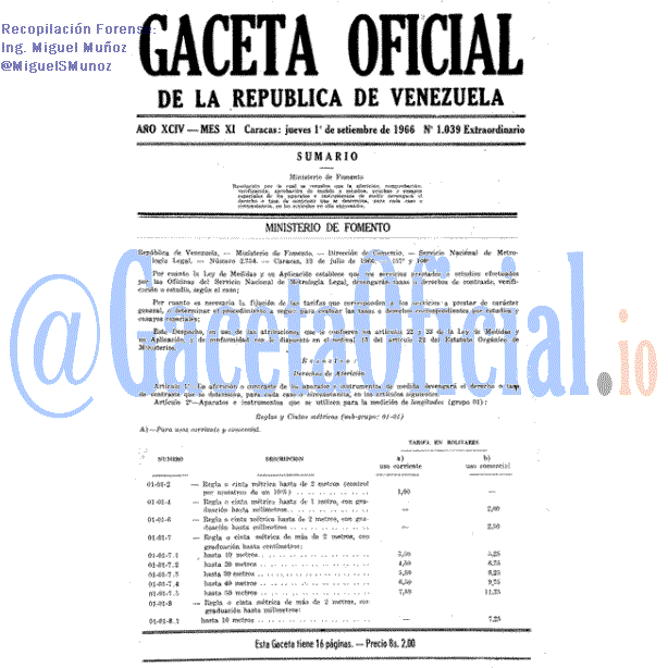 Gaceta Oficial 1039 del 1 Septiembre 1966