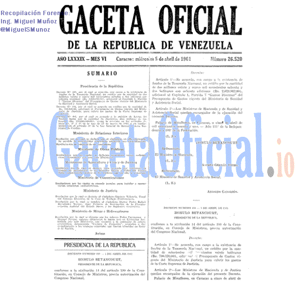 Gaceta Oficial 26520 del 5 Abril 1961