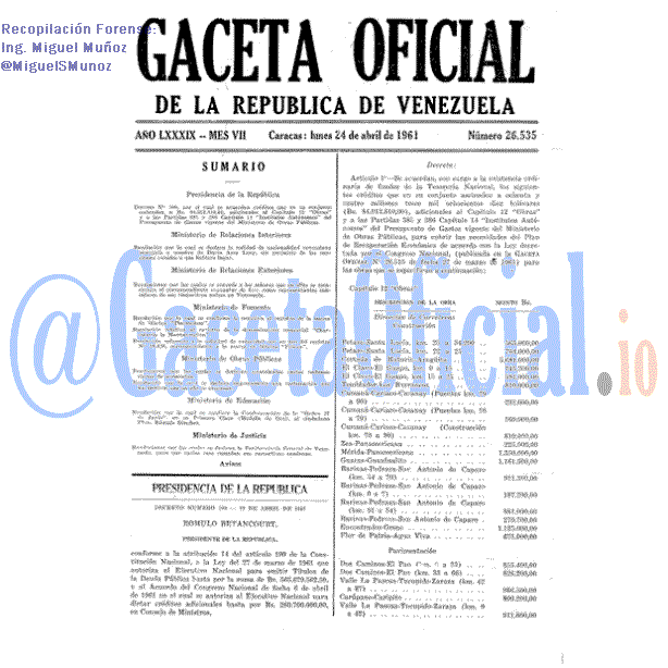 Gaceta Oficial 26535 del 24 Abril 1961