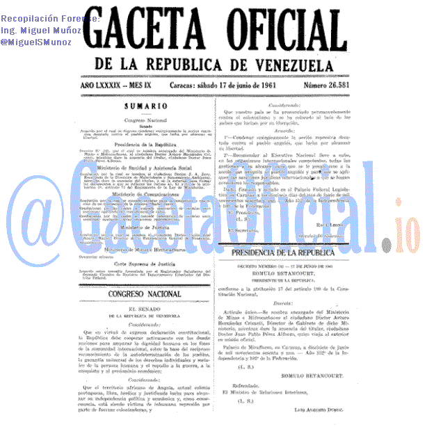 Gaceta Oficial 26581 del 17 Junio 1961