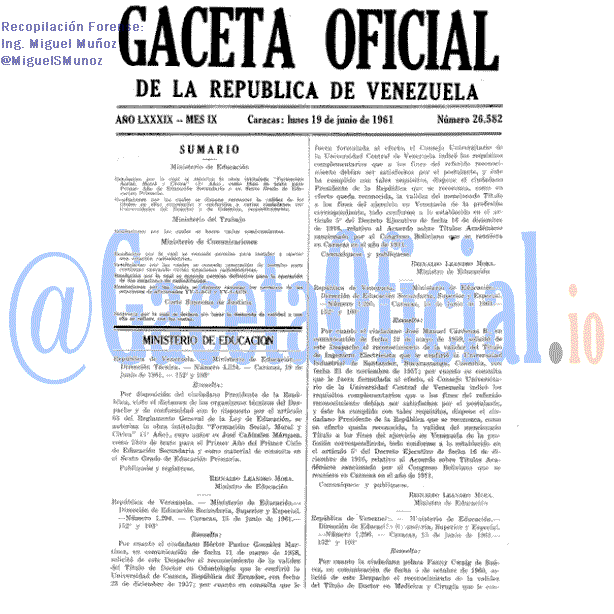 Gaceta Oficial 26582 del 19 Junio 1961