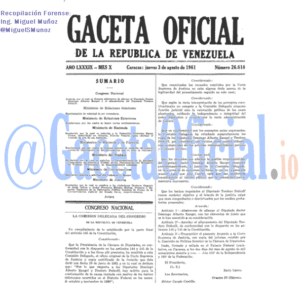 Gaceta Oficial 26618 del 3 Agosto 1961