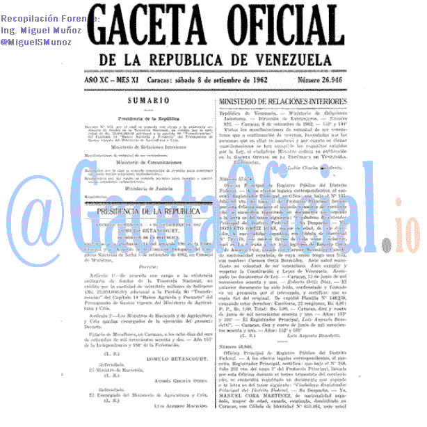 Gaceta Oficial 26946 del 8 Septiembre 1962