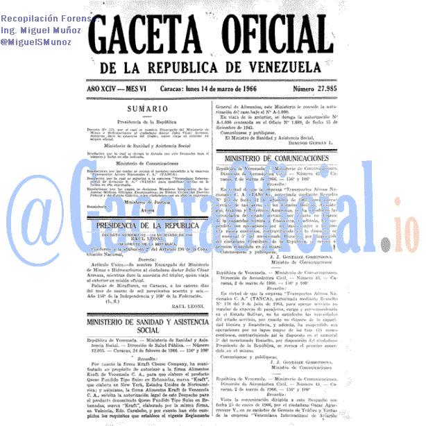 Gaceta Oficial 27985 del 14 Marzo 1966