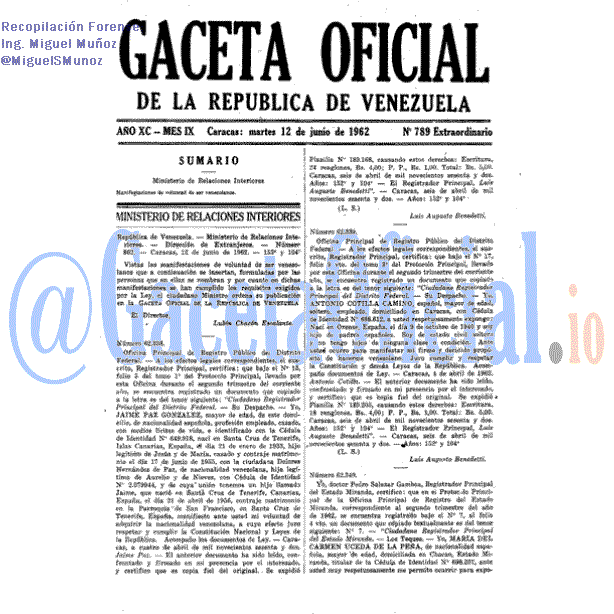 Gaceta Oficial 789 del 12 Junio 1962