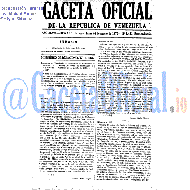 Gaceta Oficial 1423 del 24 Agosto 1970