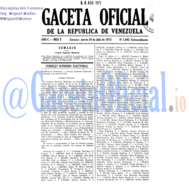 Gaceta Oficial 1602 del 26 Julio 1973