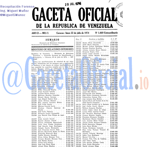 Gaceta Oficial 1669 del 22 Julio 1974
