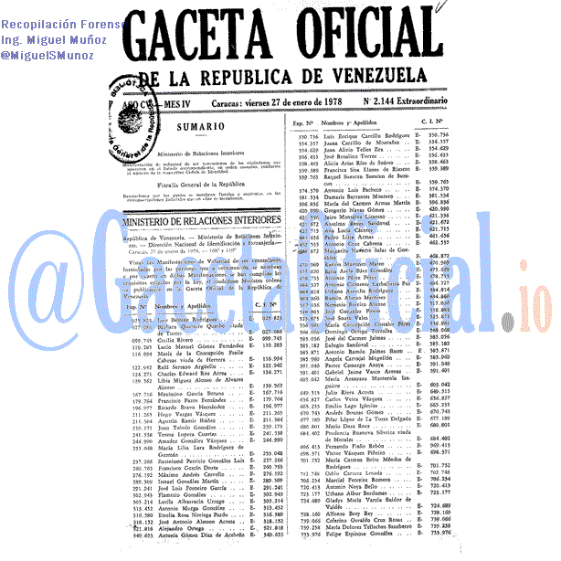 Gaceta Oficial 2144 del 27 Enero 1978