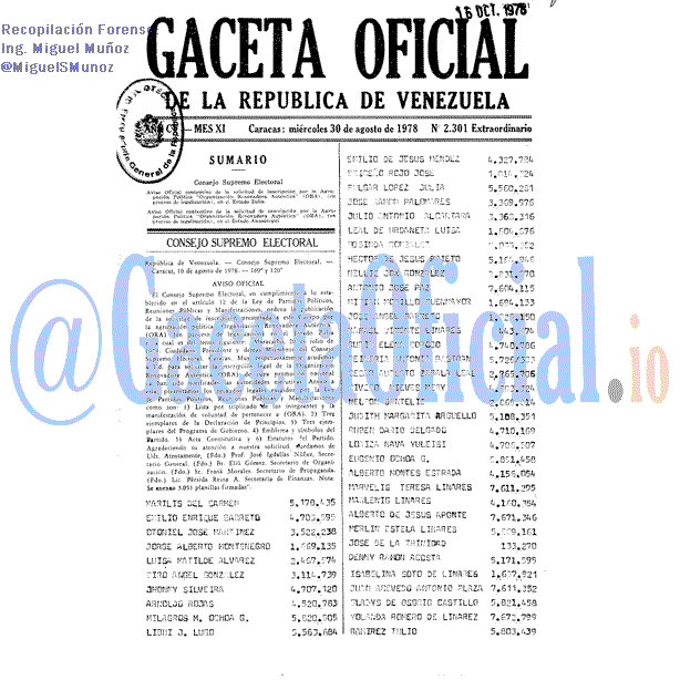 Gaceta Oficial 2301 del 30 Agosto 1978