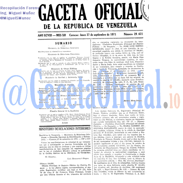 Gaceta Oficial 29621 del 27 Septiembre 1971