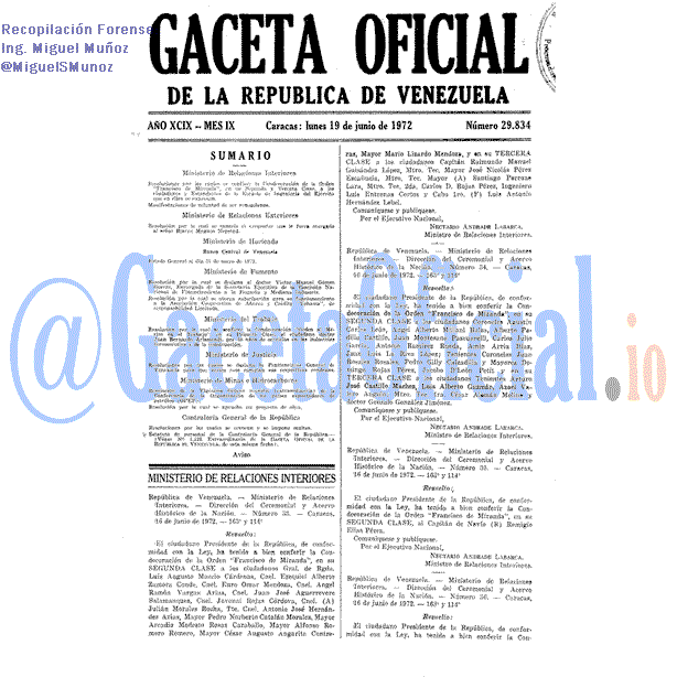 Gaceta Oficial 29834 del 19 Junio 1972