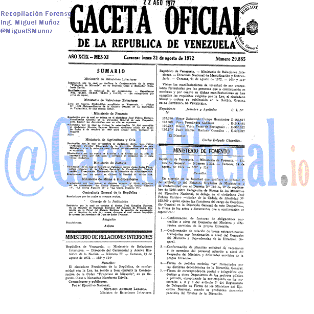 Gaceta Oficial 29885 del 21 Agosto 1972