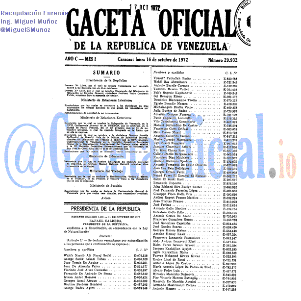 Gaceta Oficial 29932 del 16 Octubre 1972