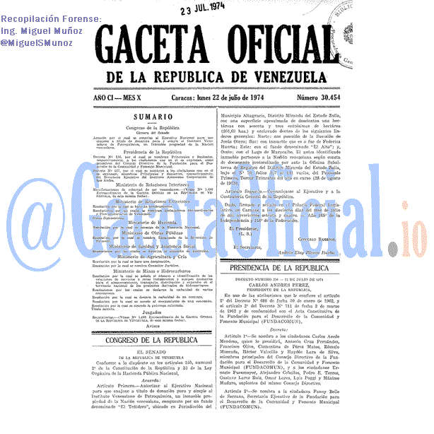Gaceta Oficial 30454 del 22 Julio 1974