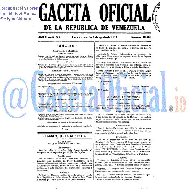 Gaceta Oficial 30466 del 6 Agosto 1974