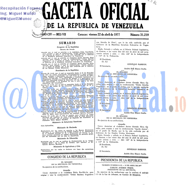 Gaceta Oficial 31219 del 22 Abril 1977
