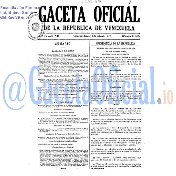 Gaceta Oficial 31525 del 10 Julio 1978