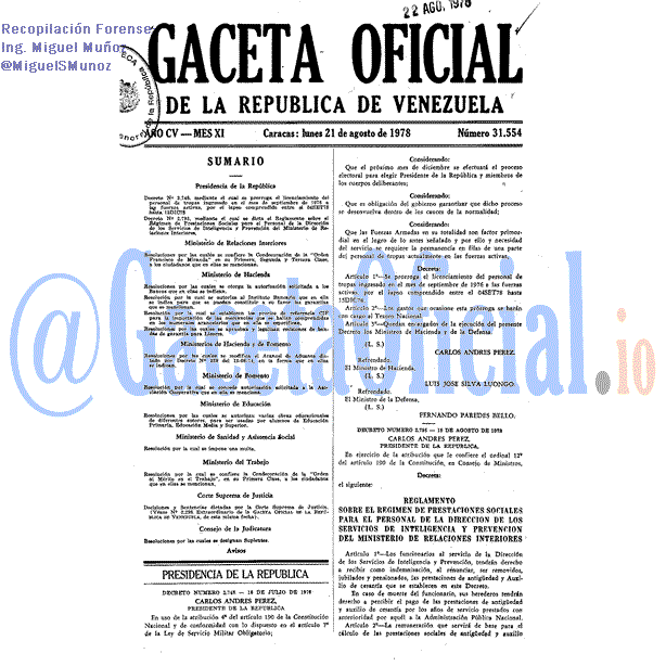 Gaceta Oficial 31554 del 21 Agosto 1978