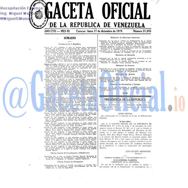 Gaceta Oficial 31885 del 17 Diciembre 1979