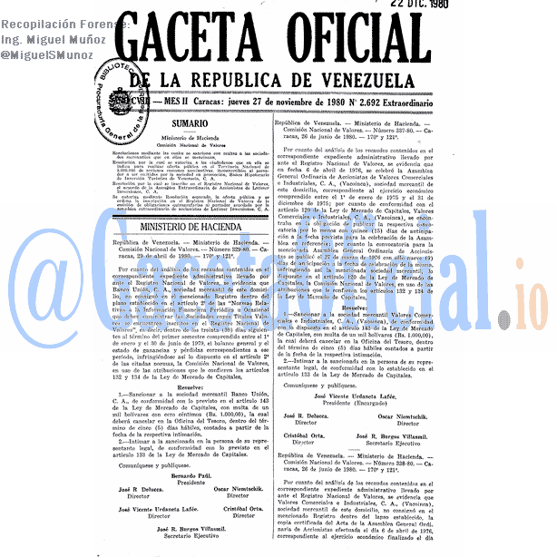 Gaceta Oficial 2692 del 27 Noviembre 1980