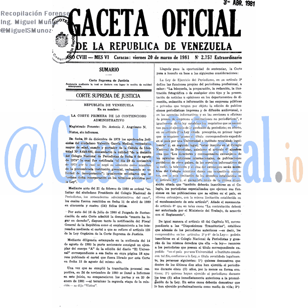 Gaceta Oficial 2757 del 20 Marzo 1981